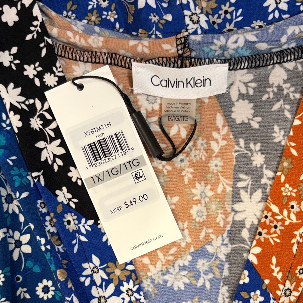 Calvin Klein Floral Patchwork Sleeveless Blouse Blue Orange Black NWT 1X - Picture 3 of 7